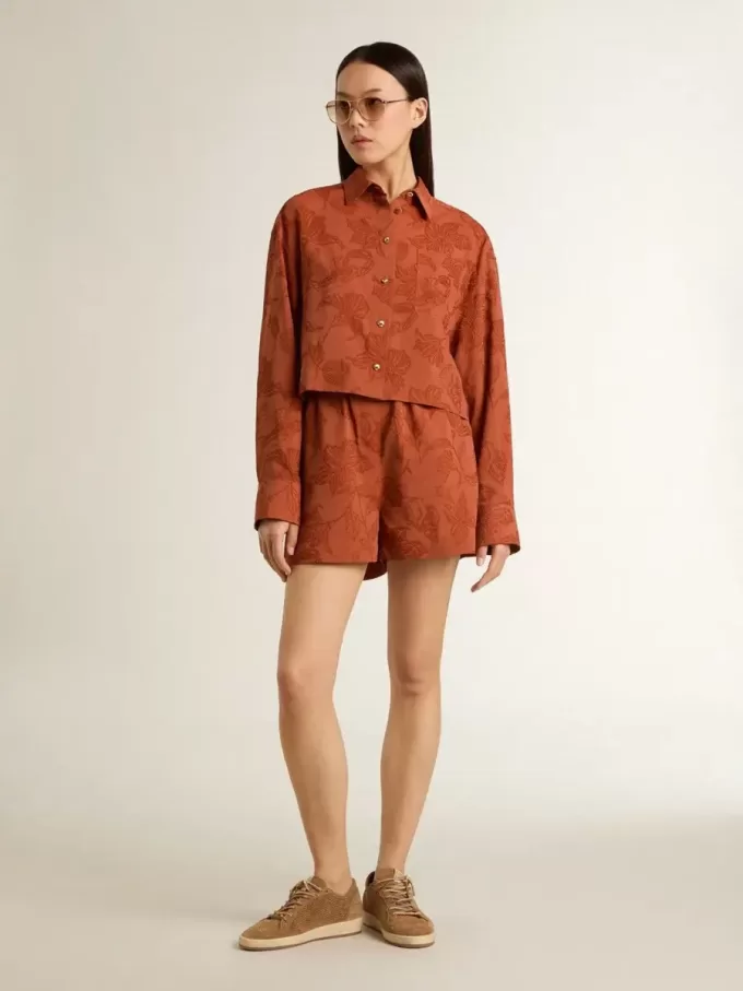 Dameshemd in baksteenrood jacquard met wijde mouwen