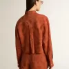 Dameshemd in baksteenrood jacquard met wijde mouwen