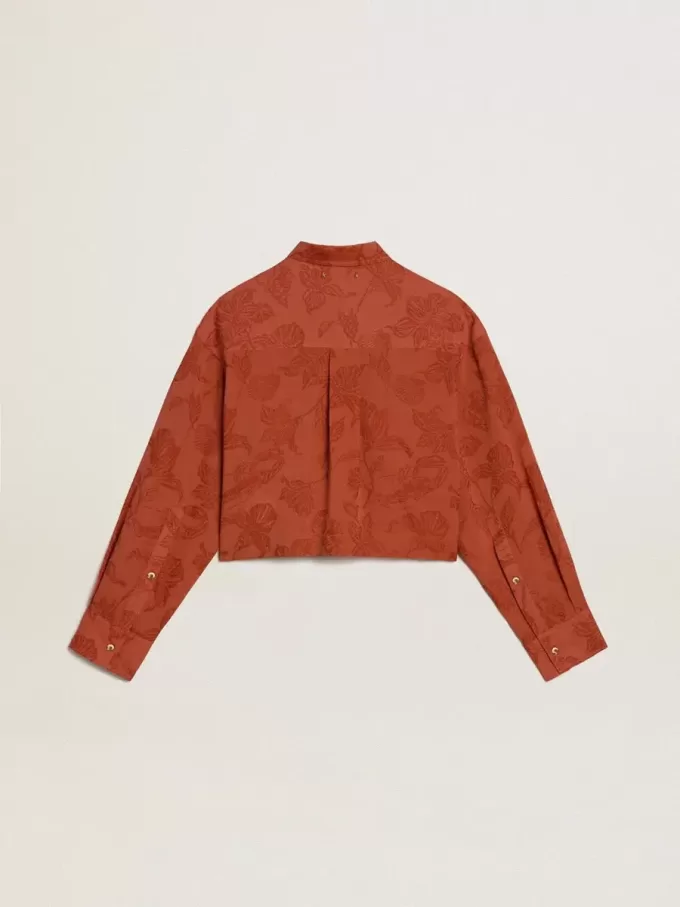 Dameshemd in baksteenrood jacquard met wijde mouwen