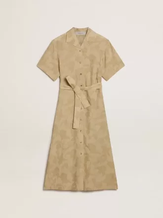 Damesjurk met korte mouwen in beige bloemenjacquard