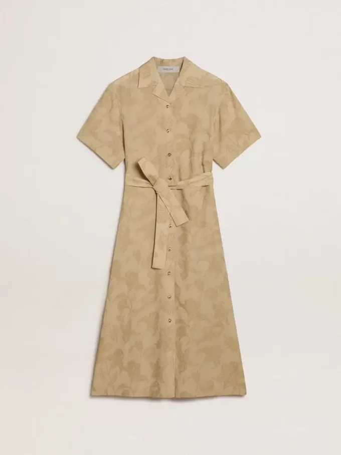 Damesjurk met korte mouwen in beige bloemenjacquard
