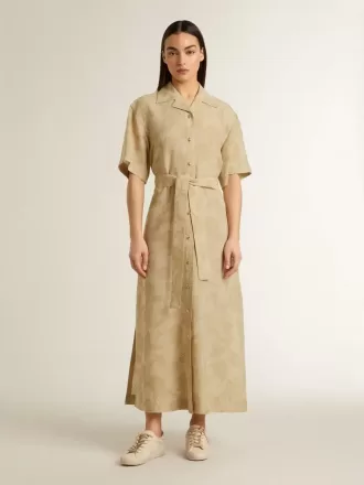 Damesjurk met korte mouwen in beige bloemenjacquard