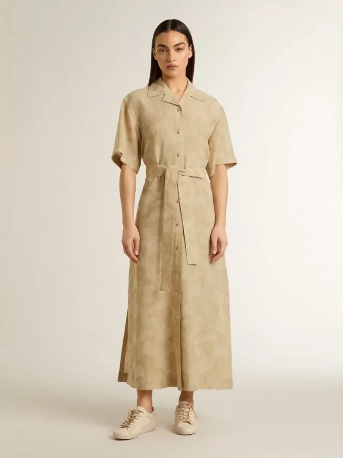 Damesjurk met korte mouwen in beige bloemenjacquard