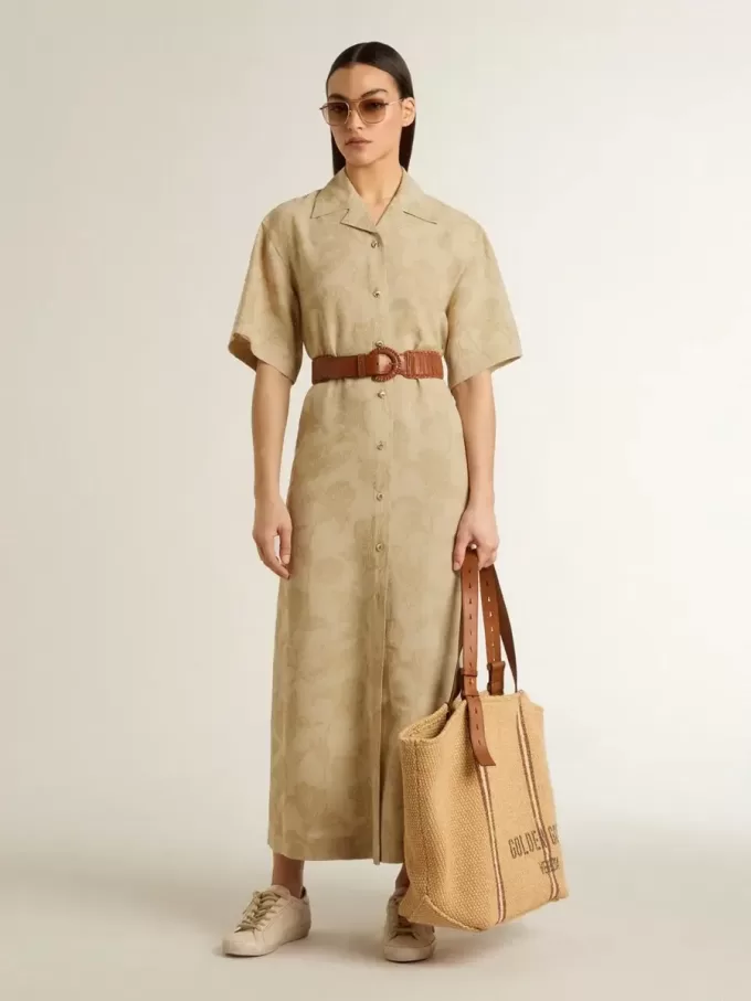 Damesjurk met korte mouwen in beige bloemenjacquard