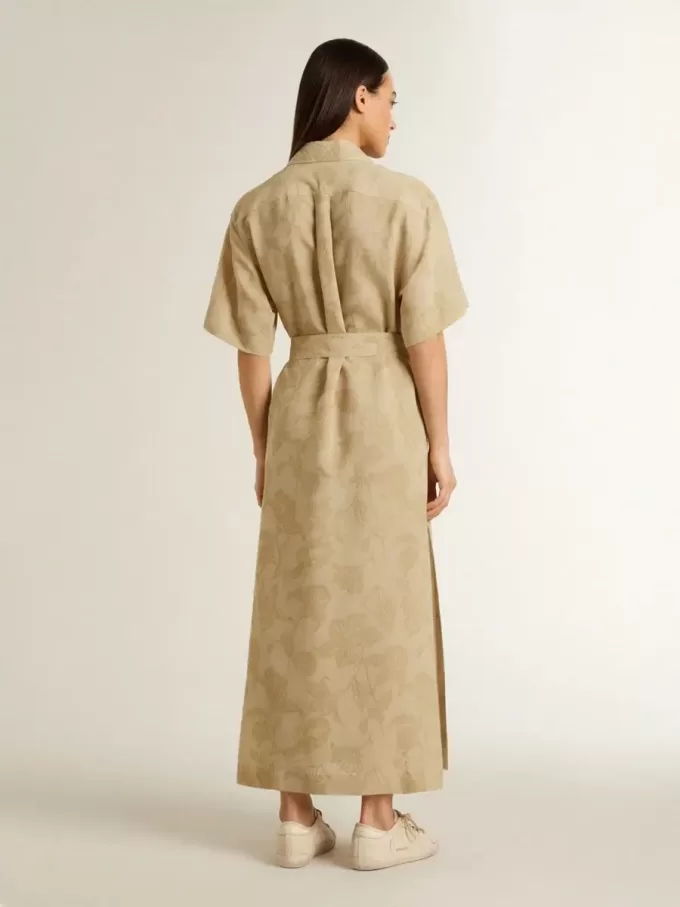 Damesjurk met korte mouwen in beige bloemenjacquard