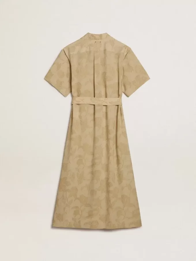 Damesjurk met korte mouwen in beige bloemenjacquard