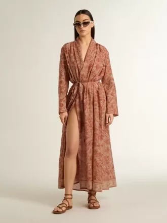 Dameskaftan van katoenen voile met all-over baksteenrode maritieme print
