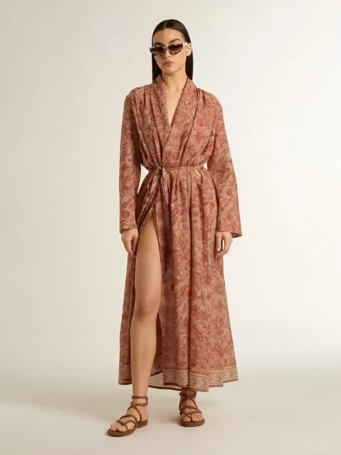 Dameskaftan van katoenen voile met all-over baksteenrode maritieme print
