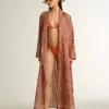 Dameskaftan van katoenen voile met all-over baksteenrode maritieme print