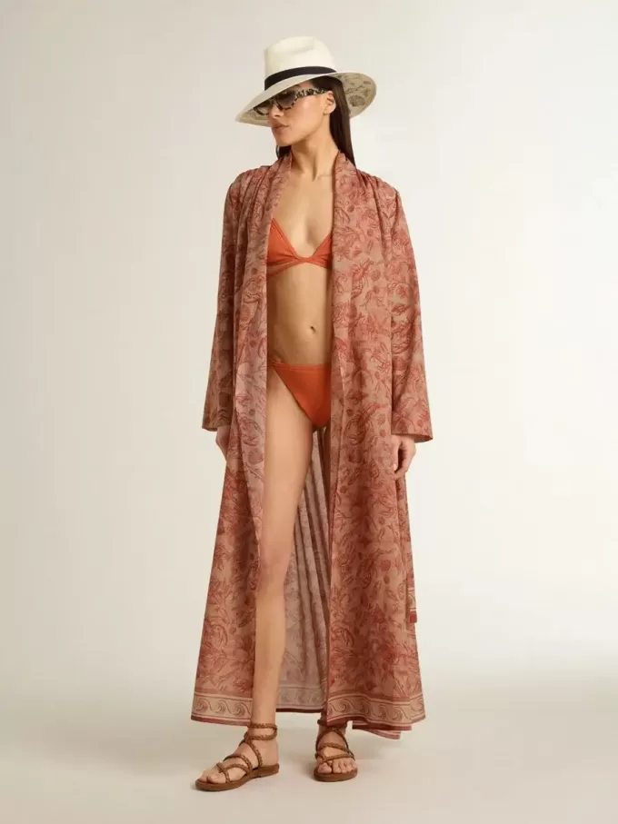 Dameskaftan van katoenen voile met all-over baksteenrode maritieme print