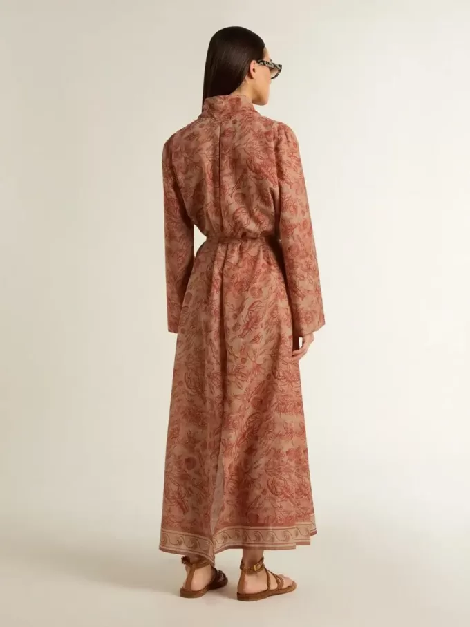 Dameskaftan van katoenen voile met all-over baksteenrode maritieme print