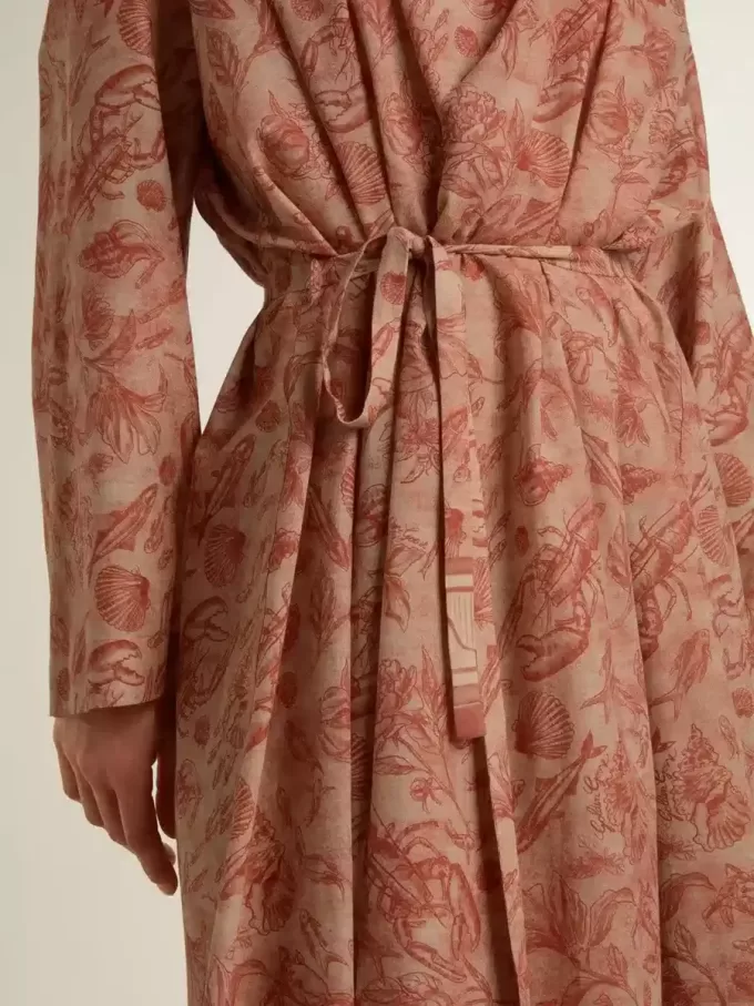 Dameskaftan van katoenen voile met all-over baksteenrode maritieme print