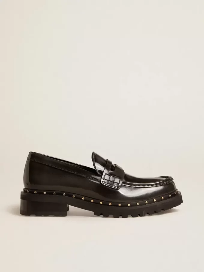 Damesloafers met studs van zwart leer