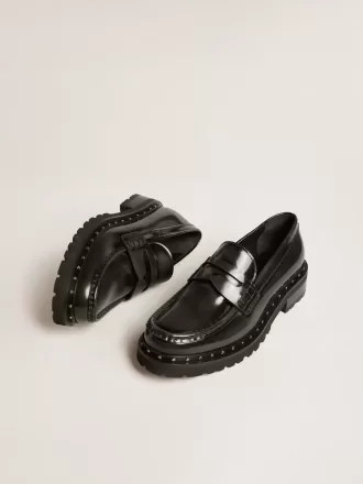 Damesloafers met studs van zwart leer