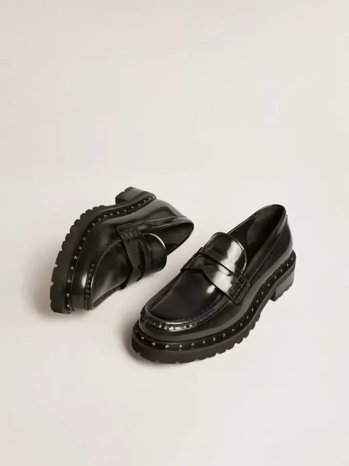 Damesloafers met studs van zwart leer