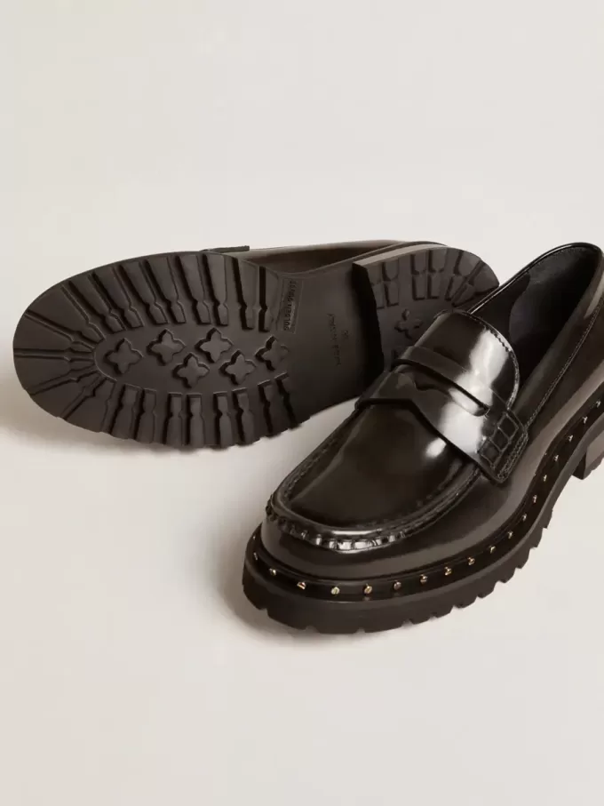 Damesloafers met studs van zwart leer