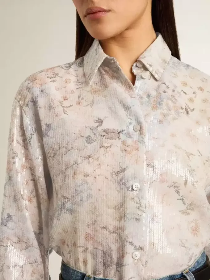 Damesoverhemd met veelkleurige bloemenprint met pailletten