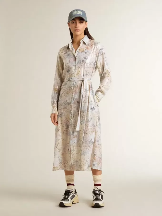 Damesoverhemdjurk met veelkleurige bloemenprint met pailletten