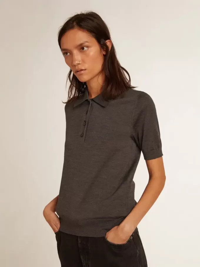 Damespoloshirt van antraciet merinowol