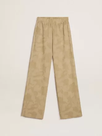 Damespyjamabroek in beige jacquard met bloemenpatroon