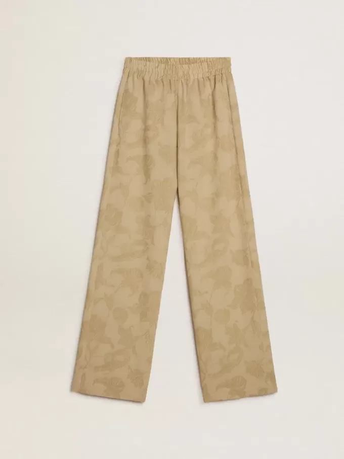 Damespyjamabroek in beige jacquard met bloemenpatroon