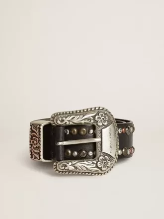 Damesriem van zwart leer met studs