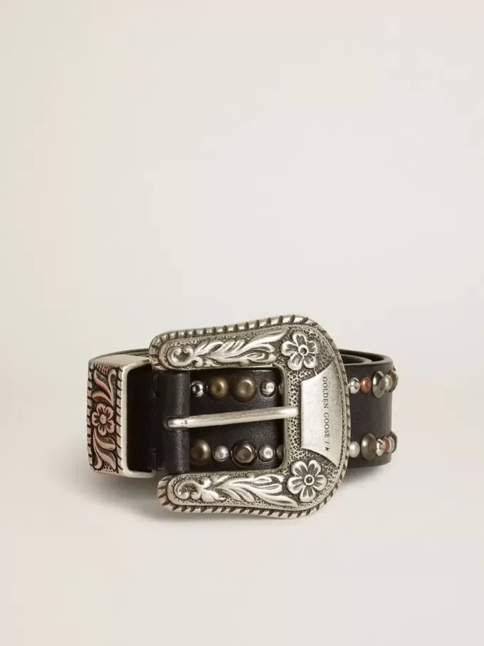 Damesriem van zwart leer met studs