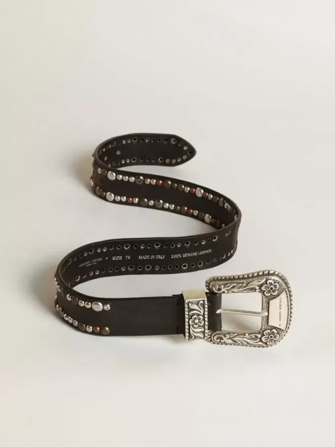 Damesriem van zwart leer met studs