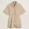 Damesromper in beige denim met riem en gerafelde zoom