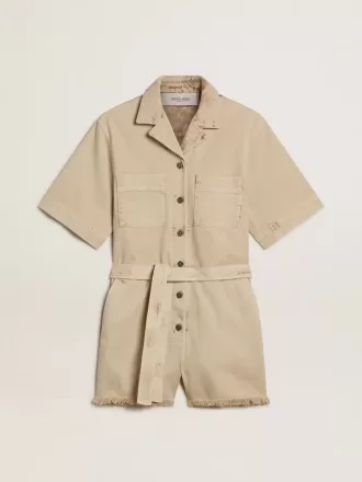 Damesromper in beige denim met riem en gerafelde zoom