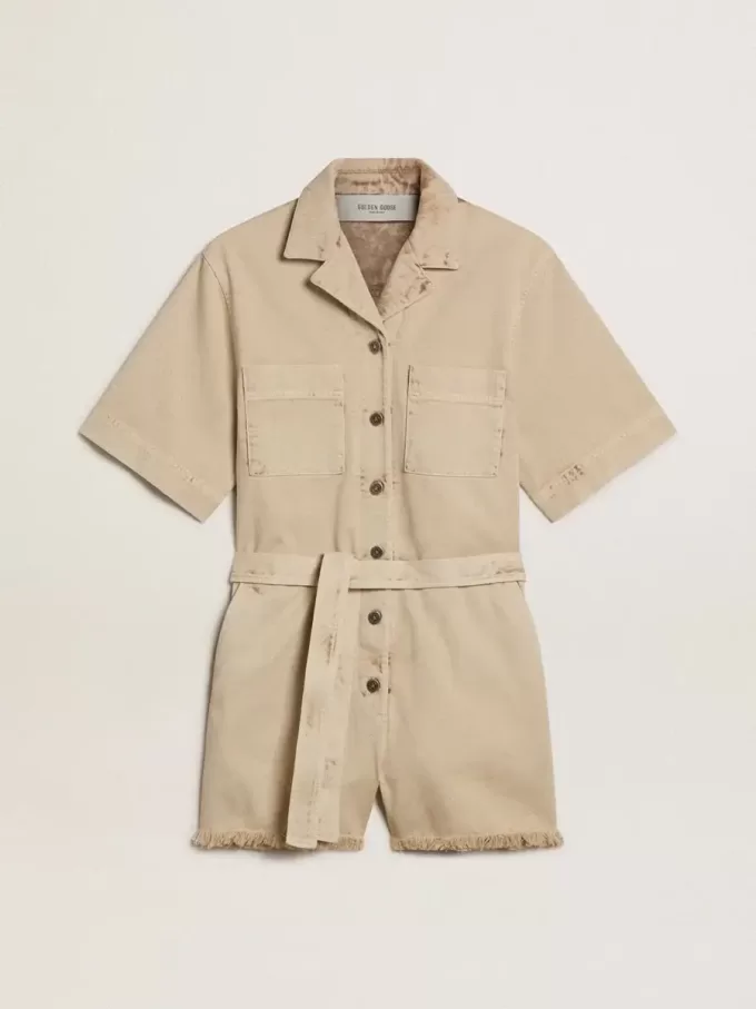 Damesromper in beige denim met riem en gerafelde zoom
