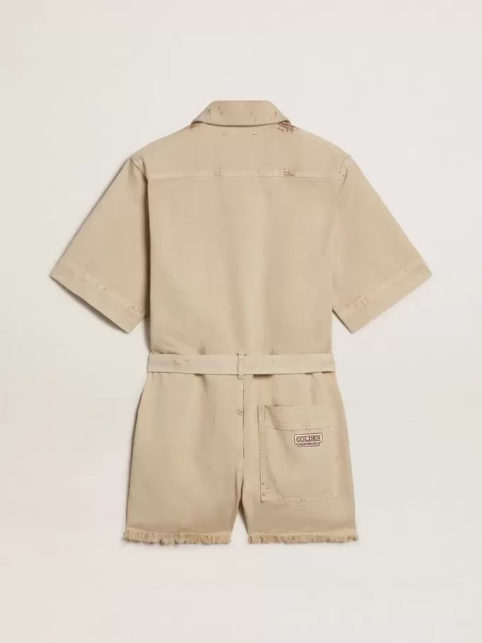Damesromper in beige denim met riem en gerafelde zoom