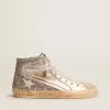 Damesslippers met gelamineerd leren bovenwerk en zilveren glitter