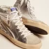 Damesslippers met gelamineerd leren bovenwerk en zilveren glitter