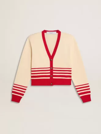 Damesvest in crème met rode strepen
