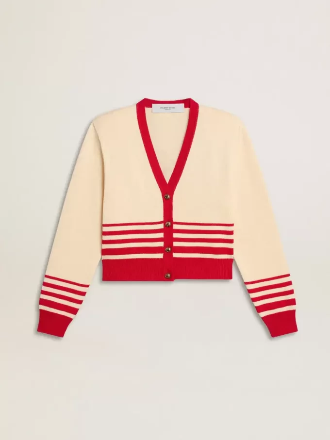 Damesvest in crème met rode strepen