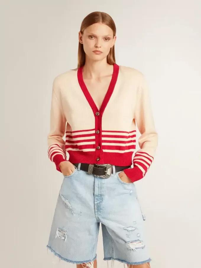 Damesvest in crème met rode strepen