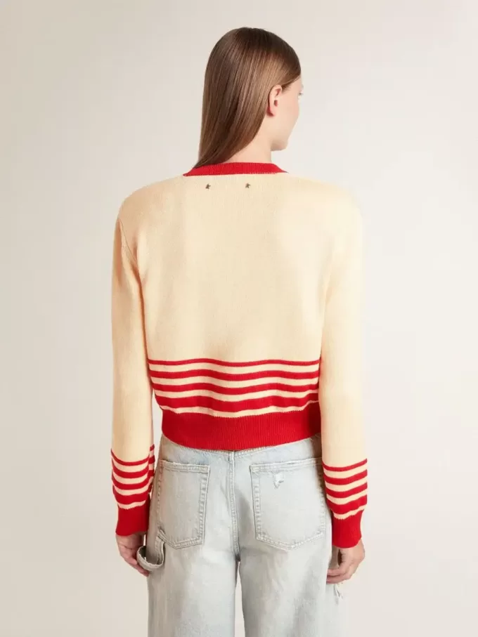 Damesvest in crème met rode strepen