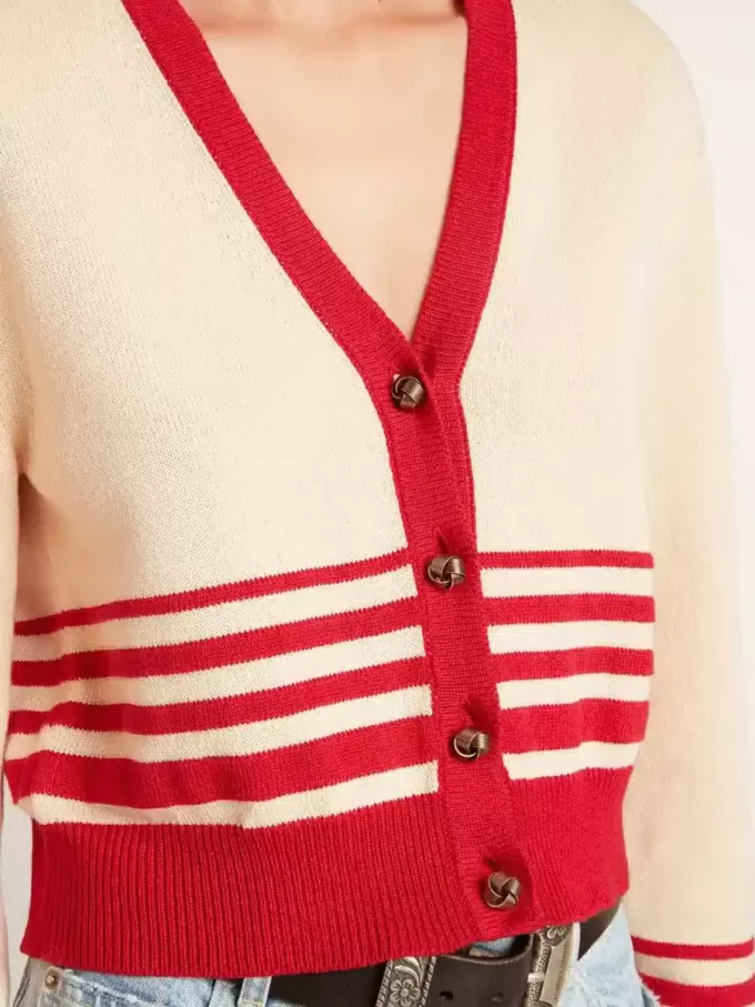 Damesvest in crème met rode strepen