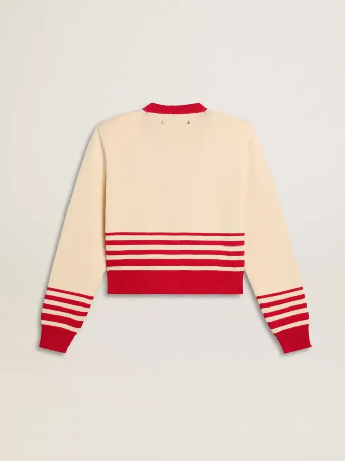 Damesvest in crème met rode strepen