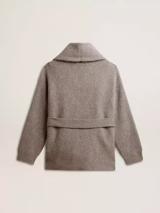 Damesvest van grijs gemêleerde wol met borduursel op de voorkant