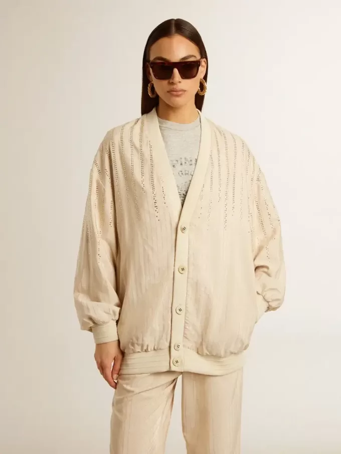 Damesvest van zijde en viscose met krijtstreepmotief