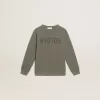 Distressed olijfgroen sweatshirt met gouden letters op de voorkant