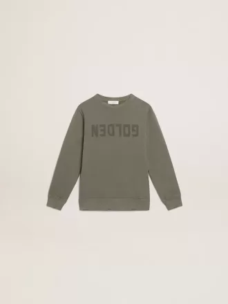 Distressed olijfgroen sweatshirt met gouden letters op de voorkant