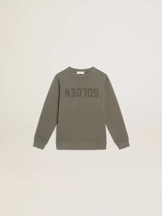 Distressed olijfgroen sweatshirt met gouden letters op de voorkant
