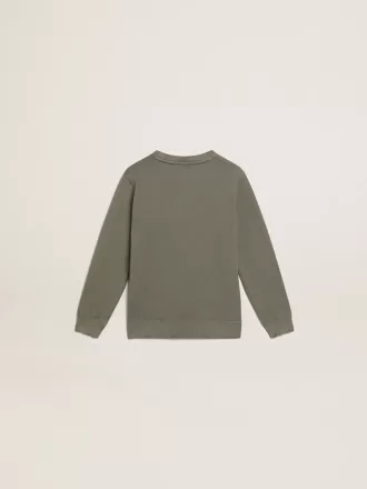 Distressed olijfgroen sweatshirt met gouden letters op de voorkant
