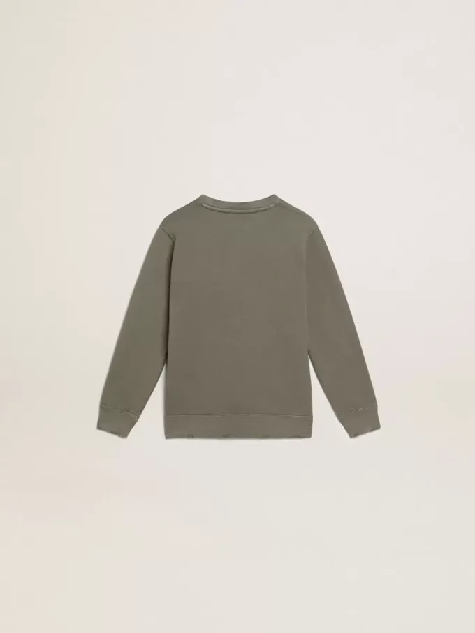 Distressed olijfgroen sweatshirt met gouden letters op de voorkant