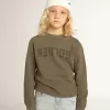 Distressed olijfgroen sweatshirt met gouden letters op de voorkant