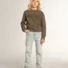 Distressed olijfgroen sweatshirt met gouden letters op de voorkant