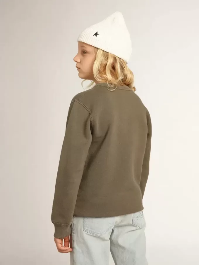 Distressed olijfgroen sweatshirt met gouden letters op de voorkant